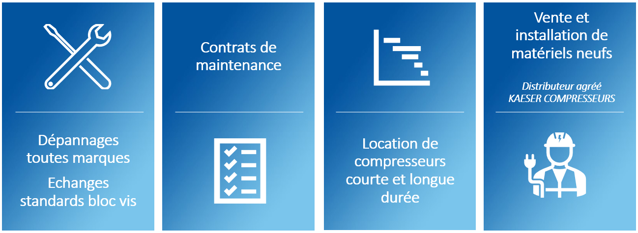Dépannages, maintenance, location et vente de matériels neufs — distributeur agréé KAESER COMPRESSEURS